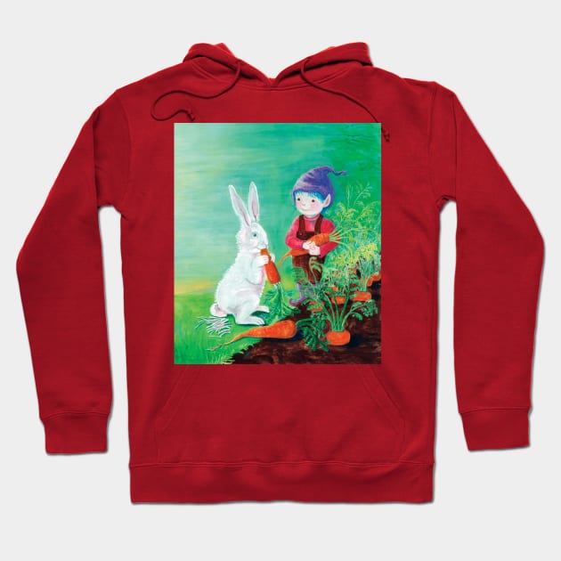 Rabbit Eating Carrot and a Gnome with Purple Hat Illustration Hoodie by Julia Doria Illustration